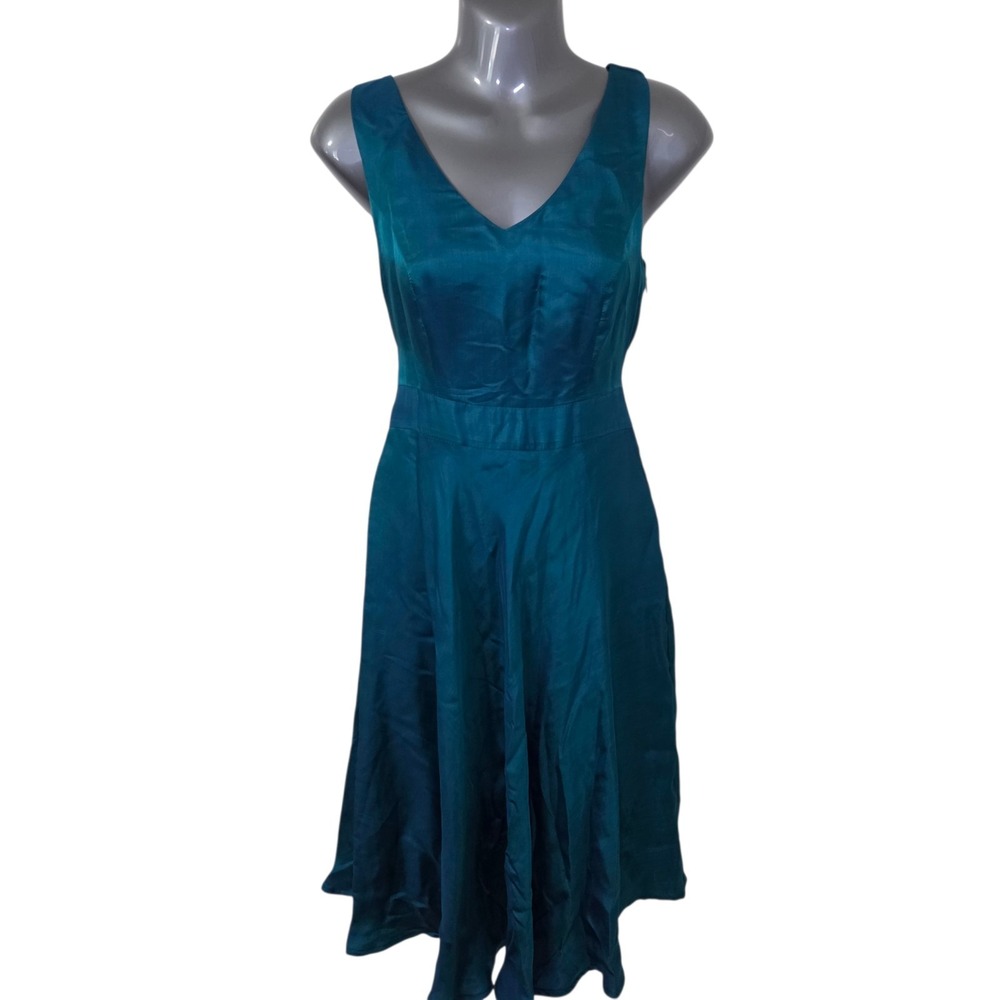 Teal Satin Iridescent Fit & Flare Dress Sleeveless Midi Women M Party Formal